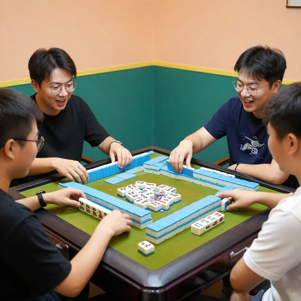 三位興奮玩家圍著小麻將桌，堆牌除萬子，房間燈光活潑，臉上滿是期待