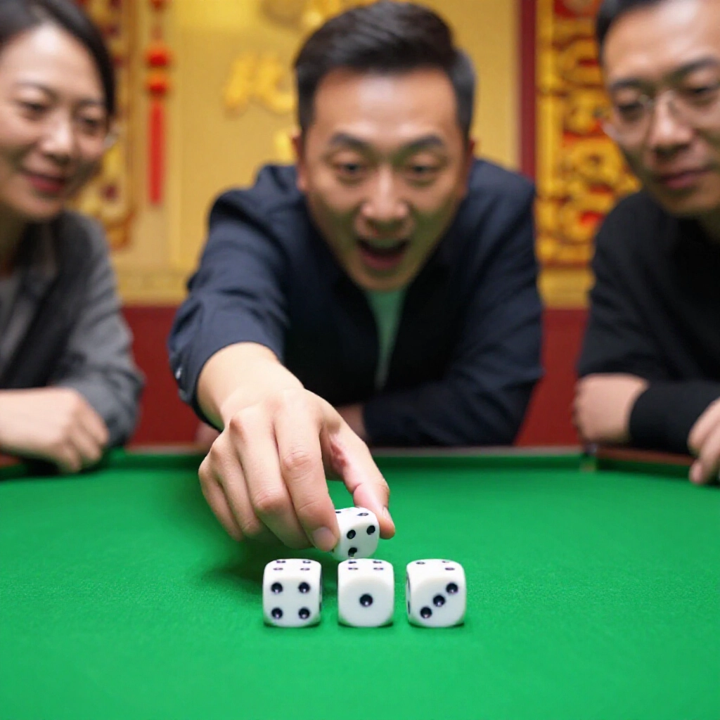 莊家興奮擲三顆骰子在綠氈桌上，其他玩家湊近期待，骰子點數清晰，房間充滿活力傳統裝飾氛圍