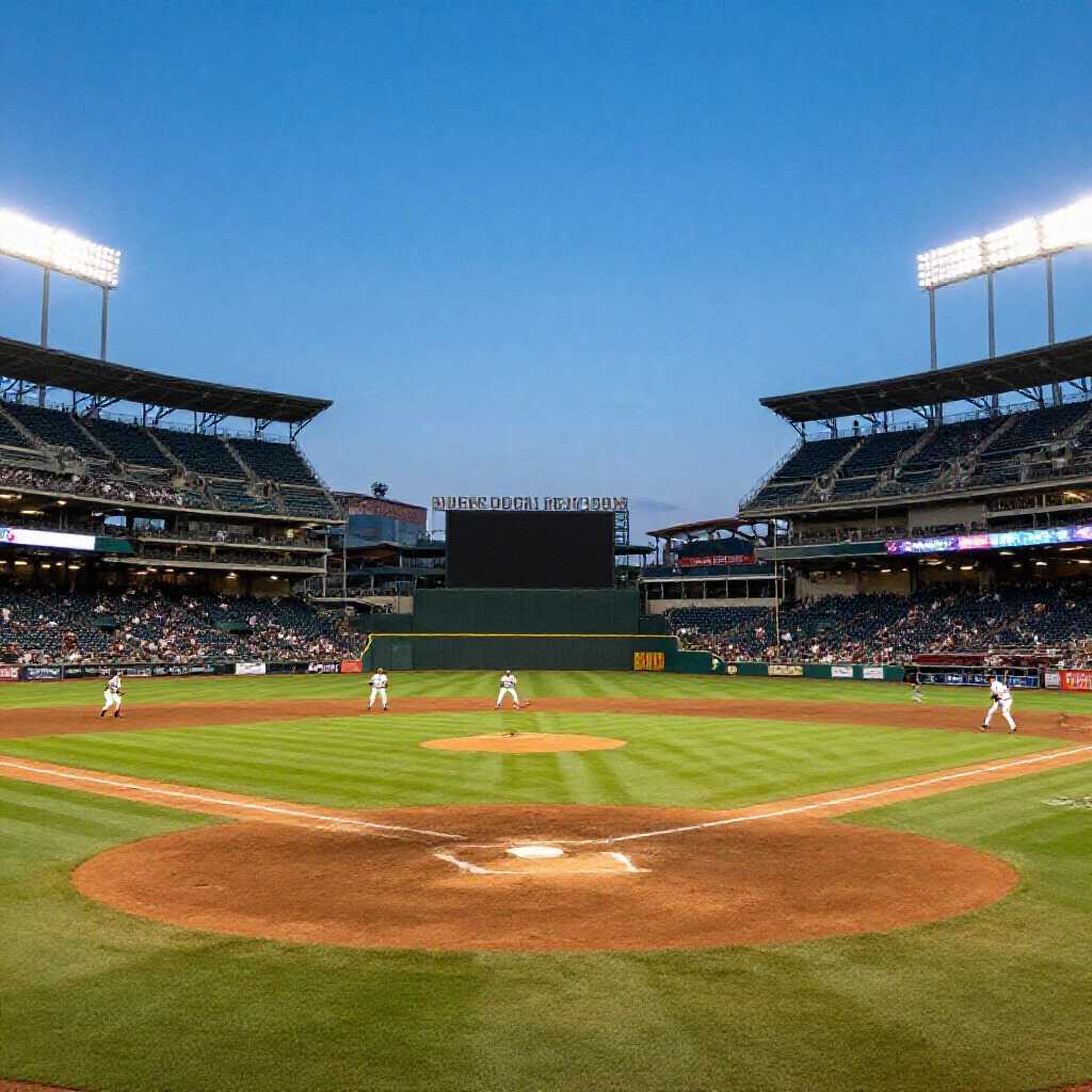 night baseball game in first inning with runners scoring, balls flying high over elevated field under clear sky