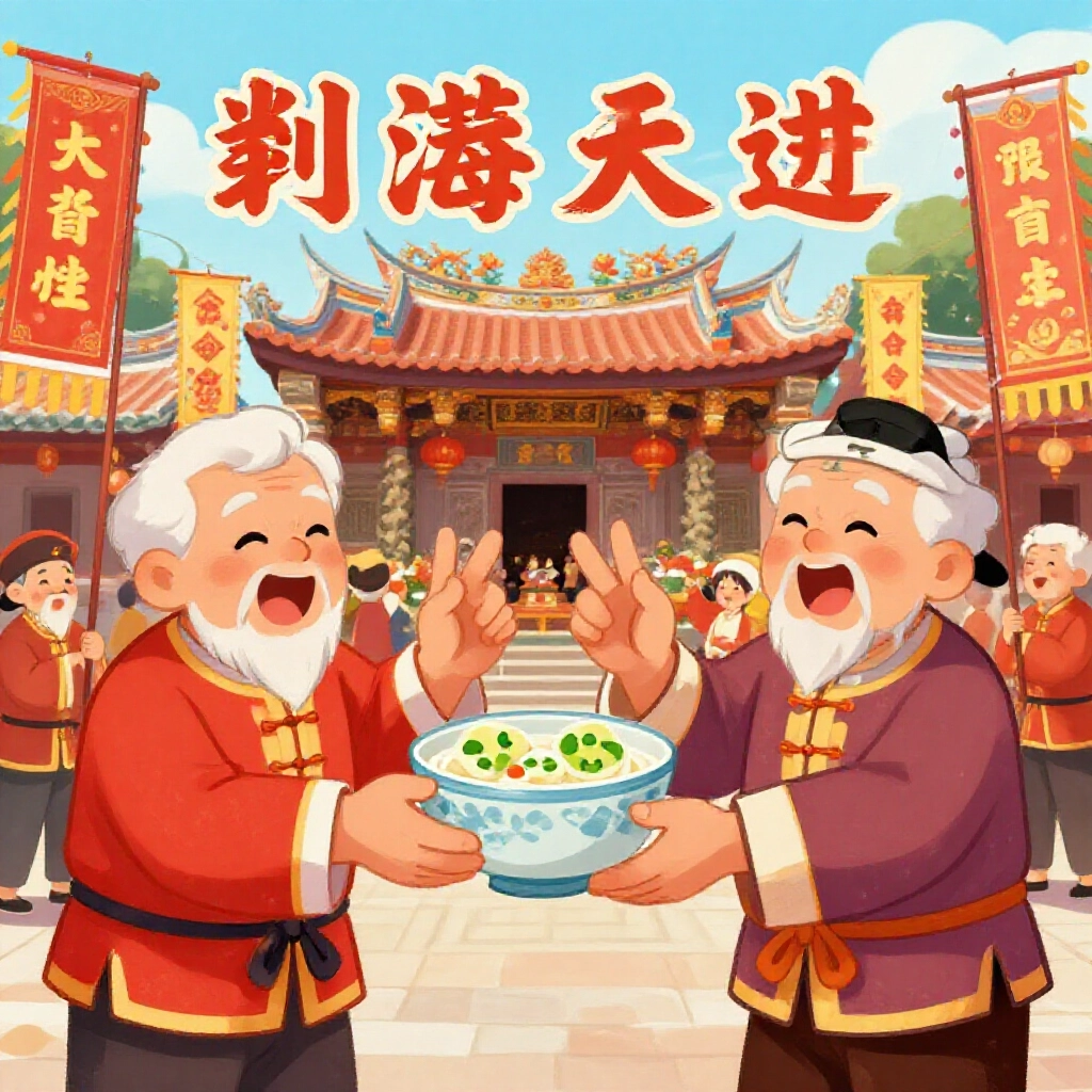 Cultural illustration of Taiwanese elders at temple fair excitedly shouting while revealing four identical twos in bowl traditional Minnan attire colorful festival banners background evoking origin of Sibal-la name