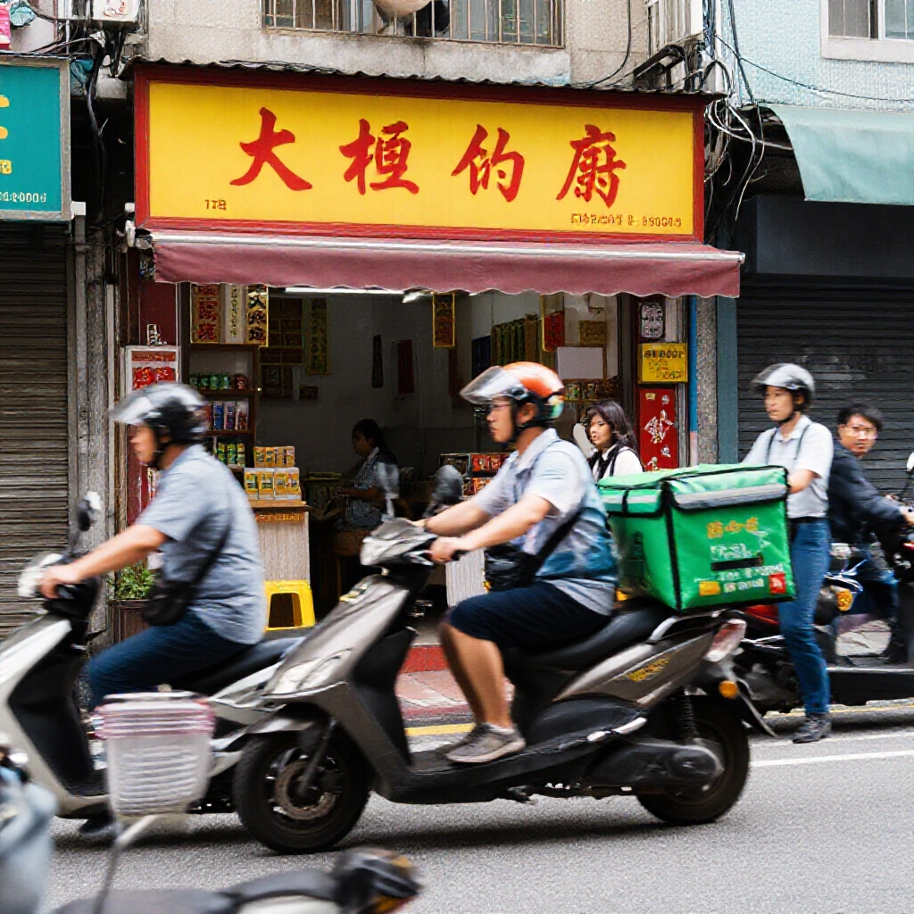 台灣街頭一位外送騎士騎機車取餐,捕捉都市忙碌活力與快速節奏