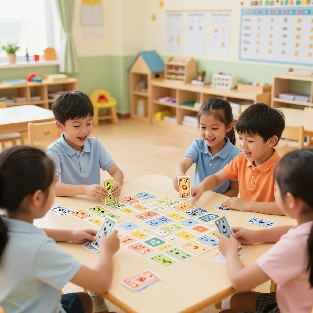 幼兒園孩子興奮翻撲克牌比大小，教室滿是玩具和學習圖表