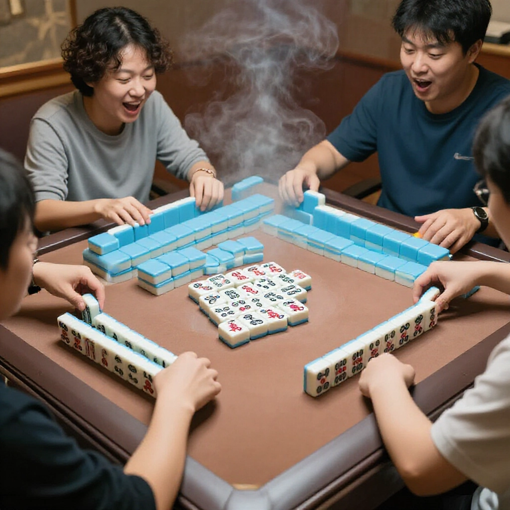 Players around a mahjong table excitedly calculating points with tiles showing four pungs and a pair highlighted scores like 4 tai base plus combinations in a lively smoky room