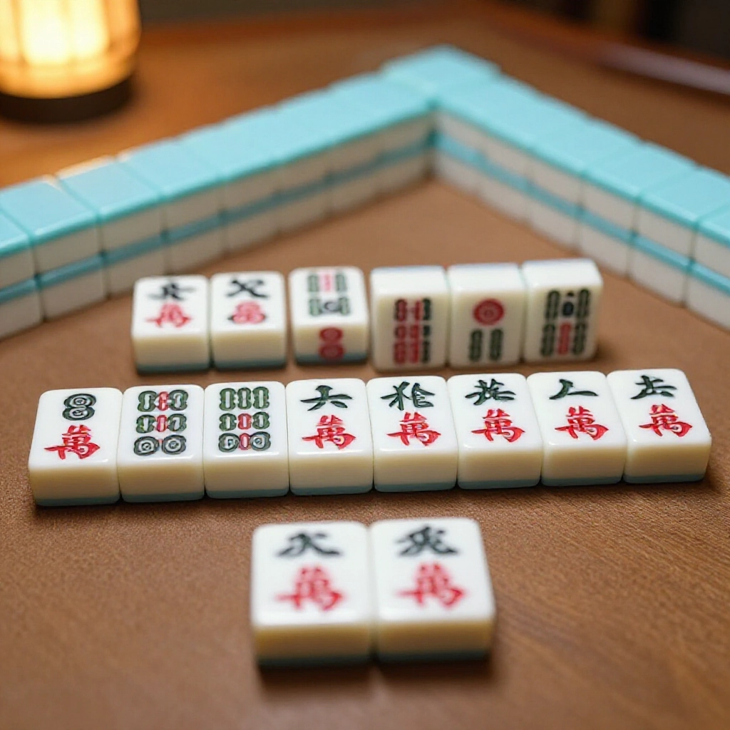 A closeup view of Taiwanese mahjong tiles arranged in four sets of identical triplets and one pair of eyes on a wooden table under warm lantern light with subtle shadows emphasizing the neat structure