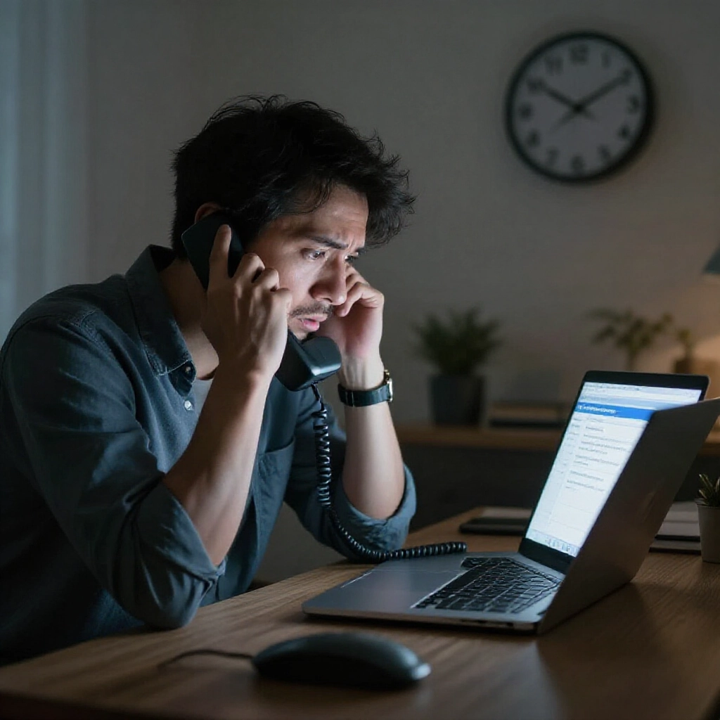 a distressed adult in dimly lit home office frantically dialing phone while staring at laptop screen showing recent bank transfer to suspicious account urgent clock ticking in background