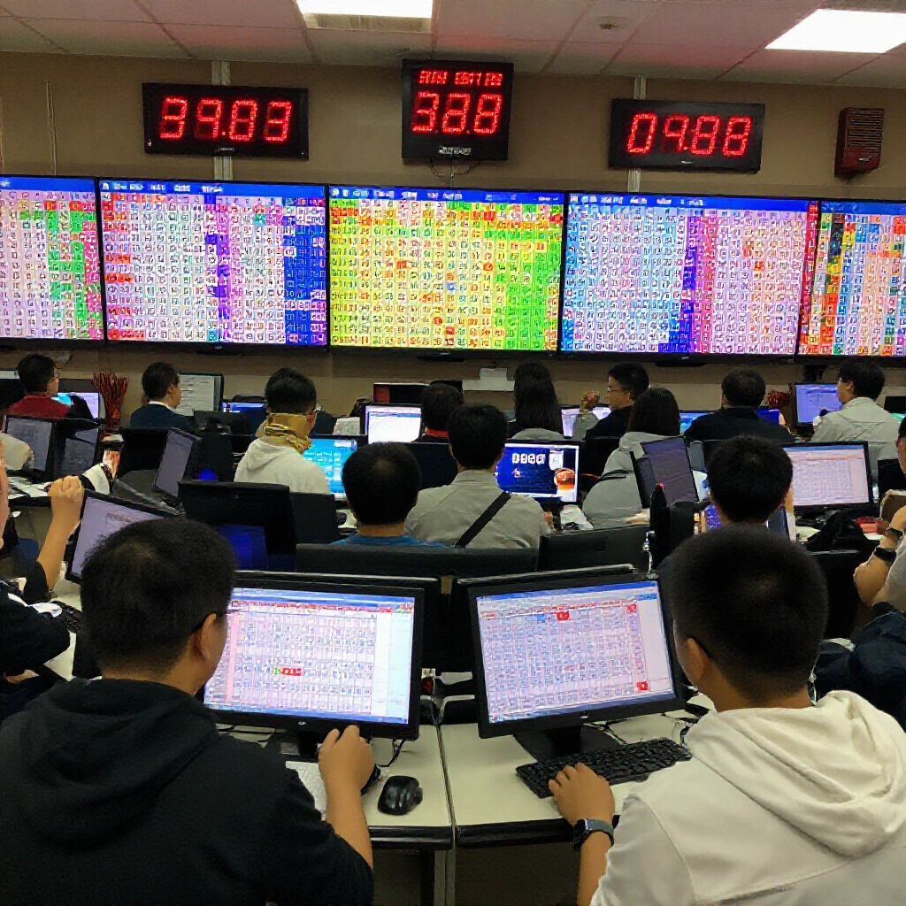 fast paced taiwan lottery hall scene with digital clocks ticking every five minutes colorful bingo grids updating rapidly excited players surrounding screens