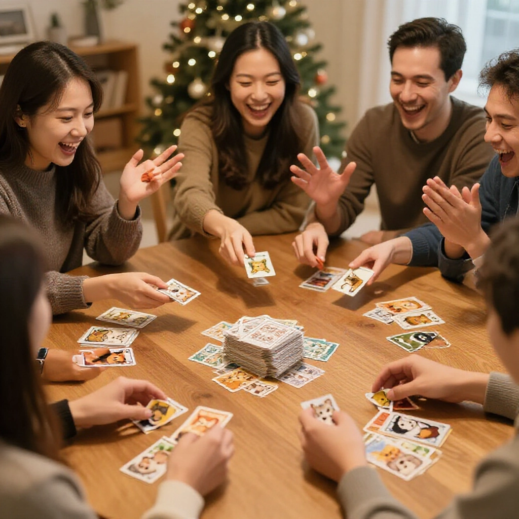 Players in a cozy New Year gathering taking turns drawing from central card pile and discarding matching animal pairs with excited expressions and halfrevealed hands on the table