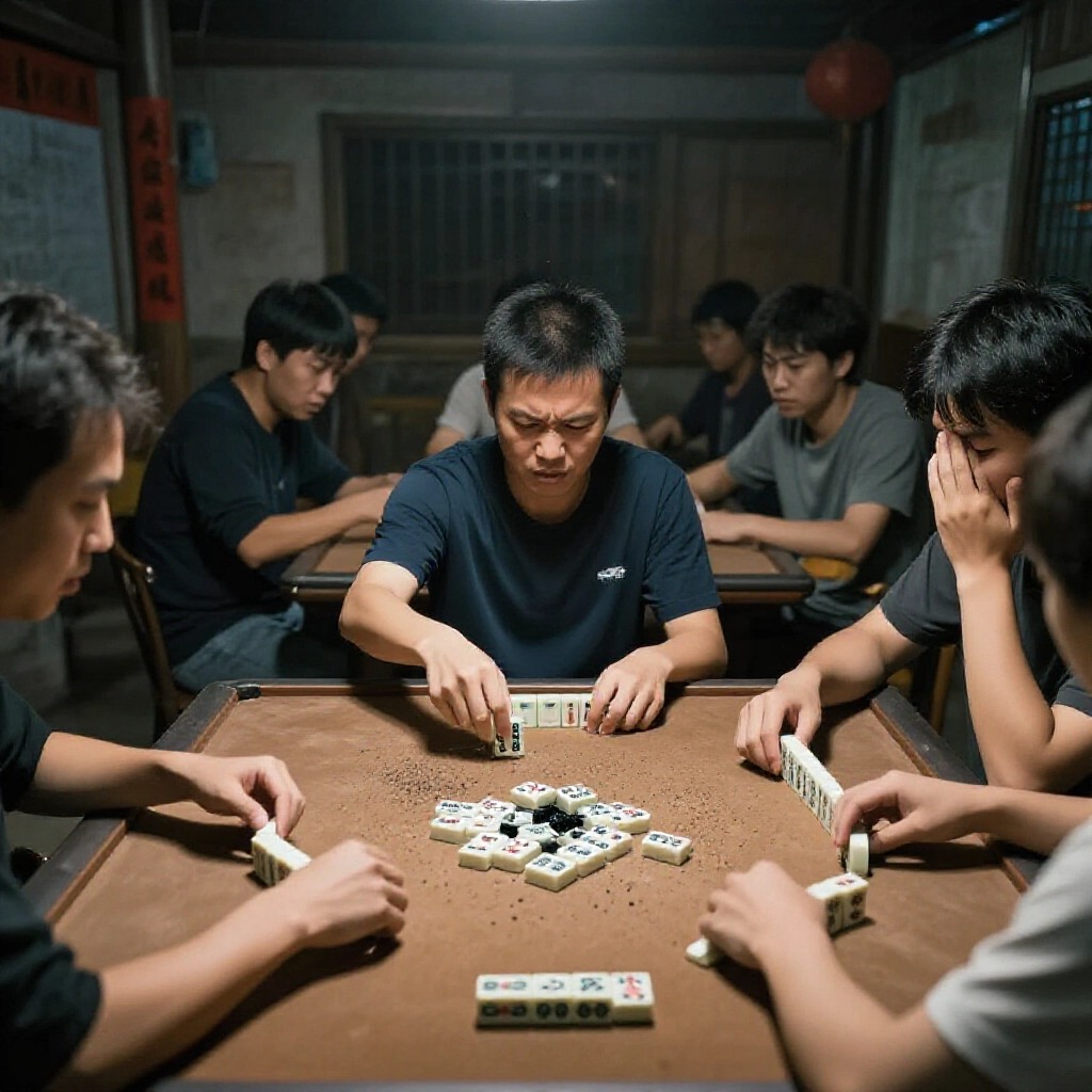 Group of players at Taiwanese card table showing tense moment of broken tile sequence with scattered black particles and frustrated faces in dimly lit rural pavilion