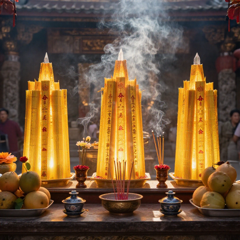 台灣廟宇祭壇上堆著三疊發光的天地水金紙,周圍擺滿鮮花、水果、茶供品,晨光中香煙裊裊上升
