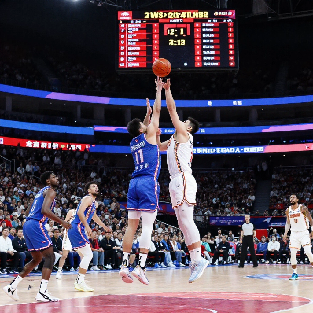 basketball overtime action with players battling for points, high score on jumbotron amid cheering crowd and bright lights