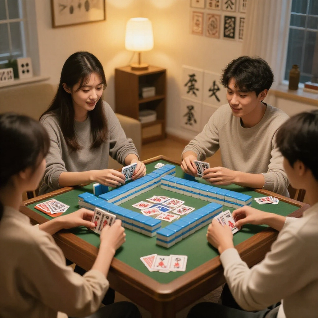 夜晚公寓裡朋友們圍小桌玩紙牌麻將，溫暖柔光，靜音洗牌對比背景傳統重型麻將