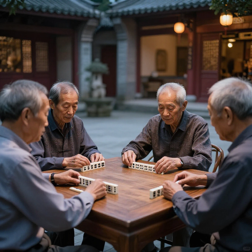 Taiwanese elders gathered around a wooden table in a temple courtyard playing traditional black dotted pai gow tiles with focused expressions under soft evening lantern glow