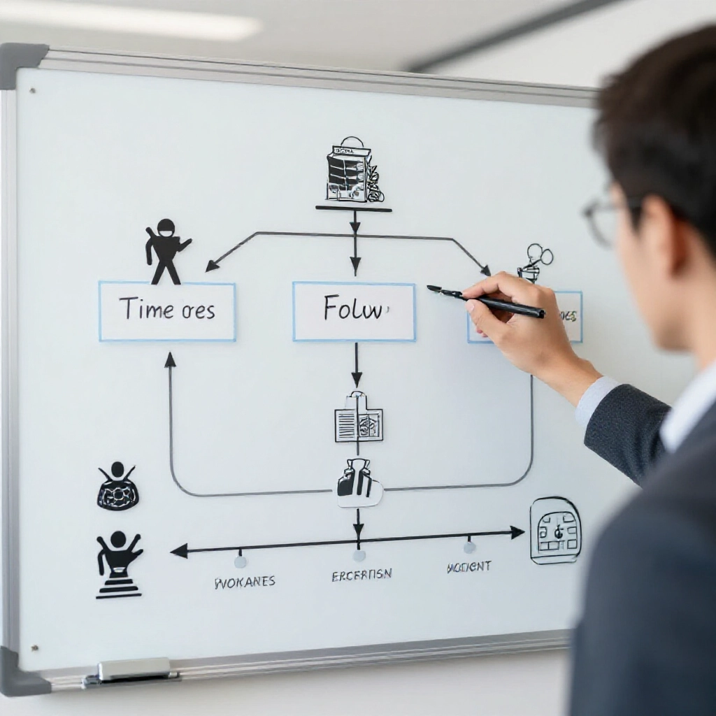 person analyzing flowchart on whiteboard illustrating three key factors time money flow and account balance with scam icons and timelines in professional office setting