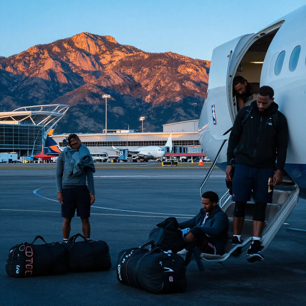 疲憊的NBA球員下機,丹佛高地體育場與落日山巒背景,行李沉重表情倦容