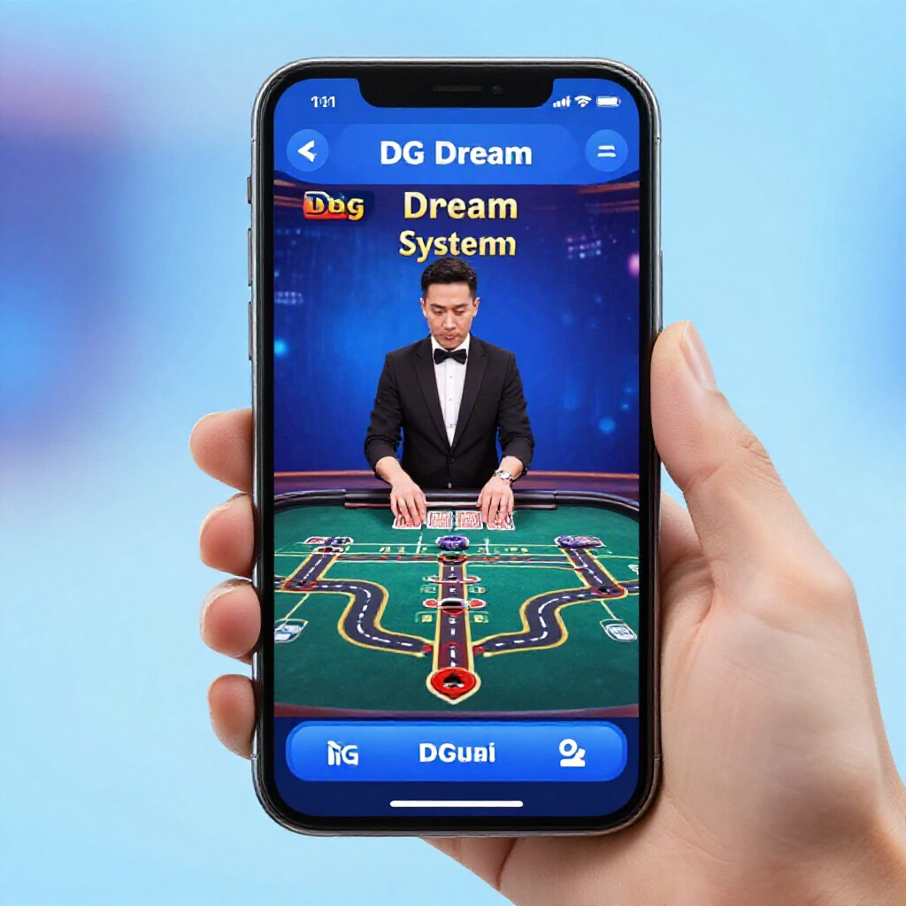 Smartphone screen showing intuitive DG Dream system baccarat interface with smooth road charts and minimal lag during live gameplay an Asian-optimized dealer dealing cards fluidly in vibrant mobile-optimized casino environment with soft blue hues