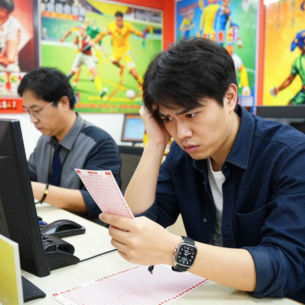 緊張顧客在燈光明亮的台灣運彩投注站，手持新印彩票急看錶，店員準備掃描，周圍貼滿彩色運動海報