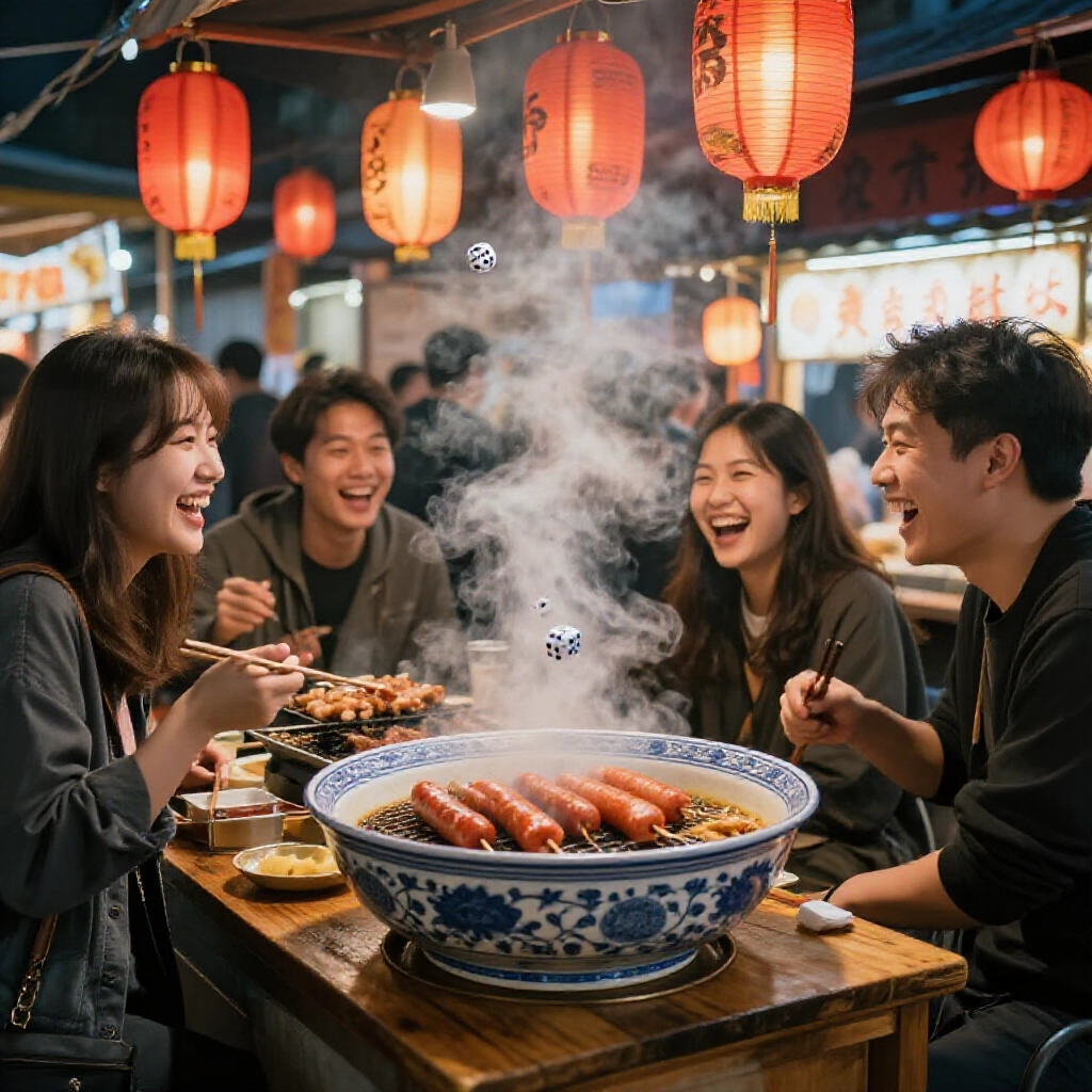 Vibrant Taiwanese night market scene with friends laughing around a wooden sausage stall a large porcelain bowl shaking four six-sided dice under glowing red lanterns steam rising from grilling meats joyful social atmosphere