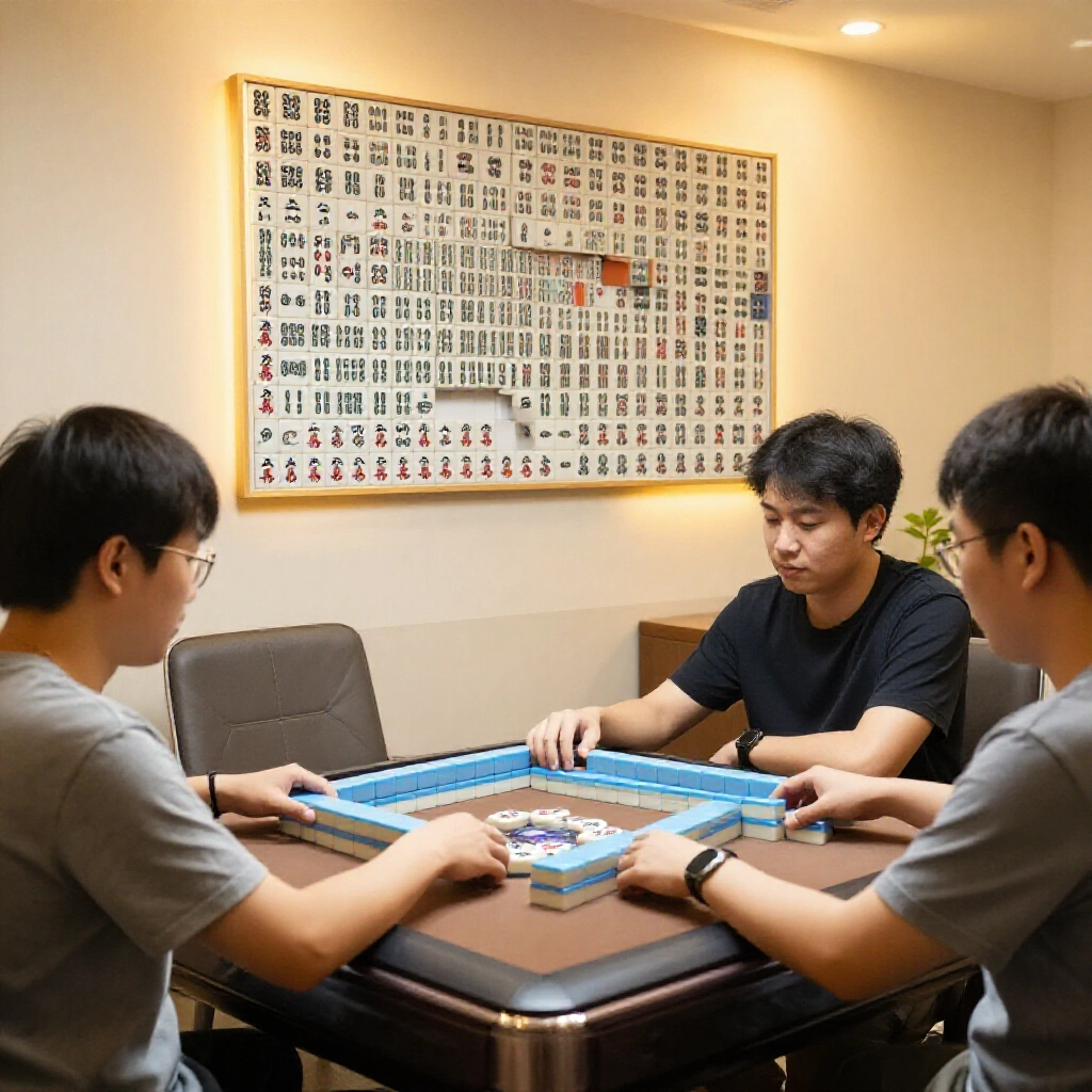 三位台灣玩家熱情圍桌,牌牆缺中間萬子,暖光灑在牌堆上,營造專注遊戲氛圍
