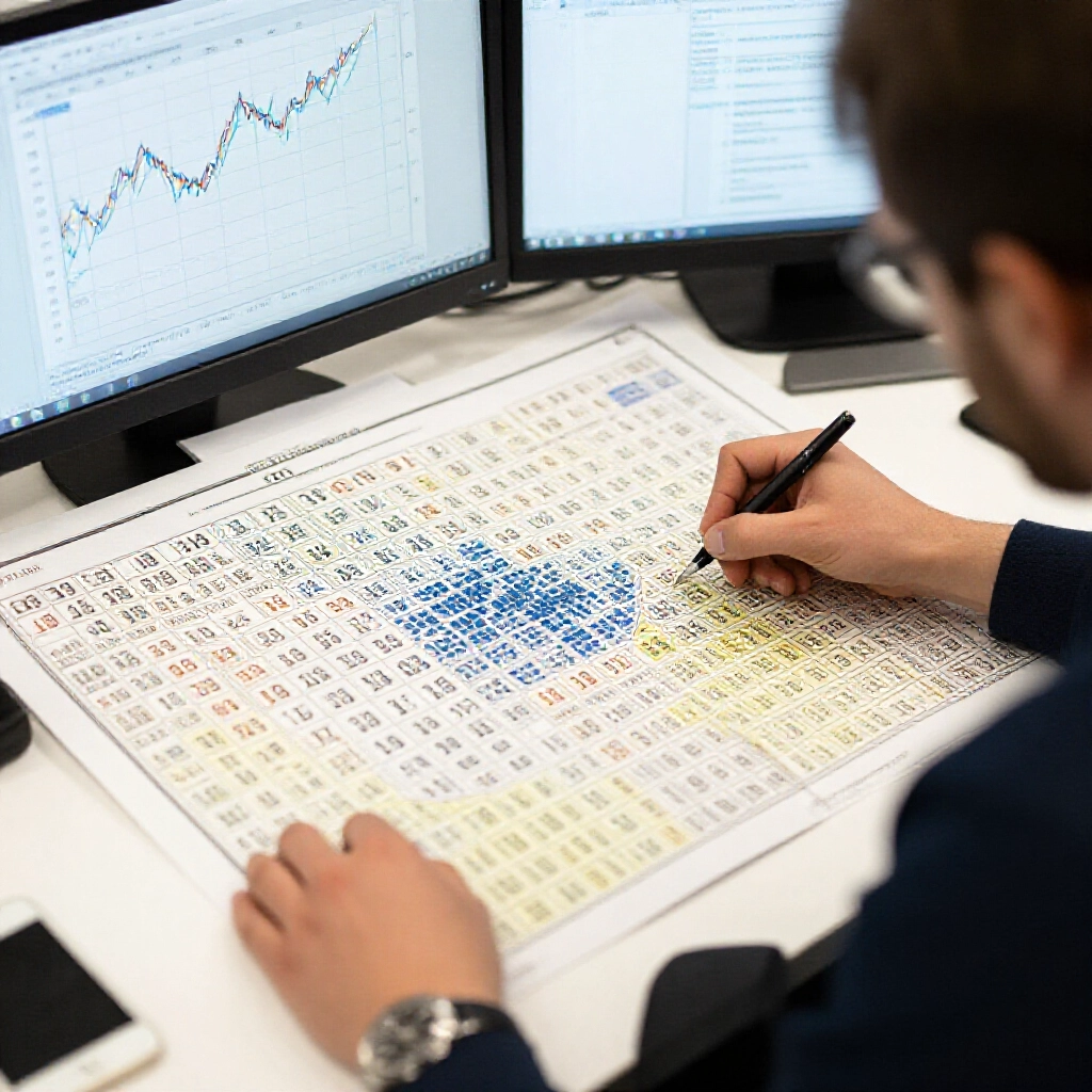 professional analyst at desk studying bingo distribution maps highlighting cluster zones gap streaks and amplitude shifts with overlaid graphs and trend lines
