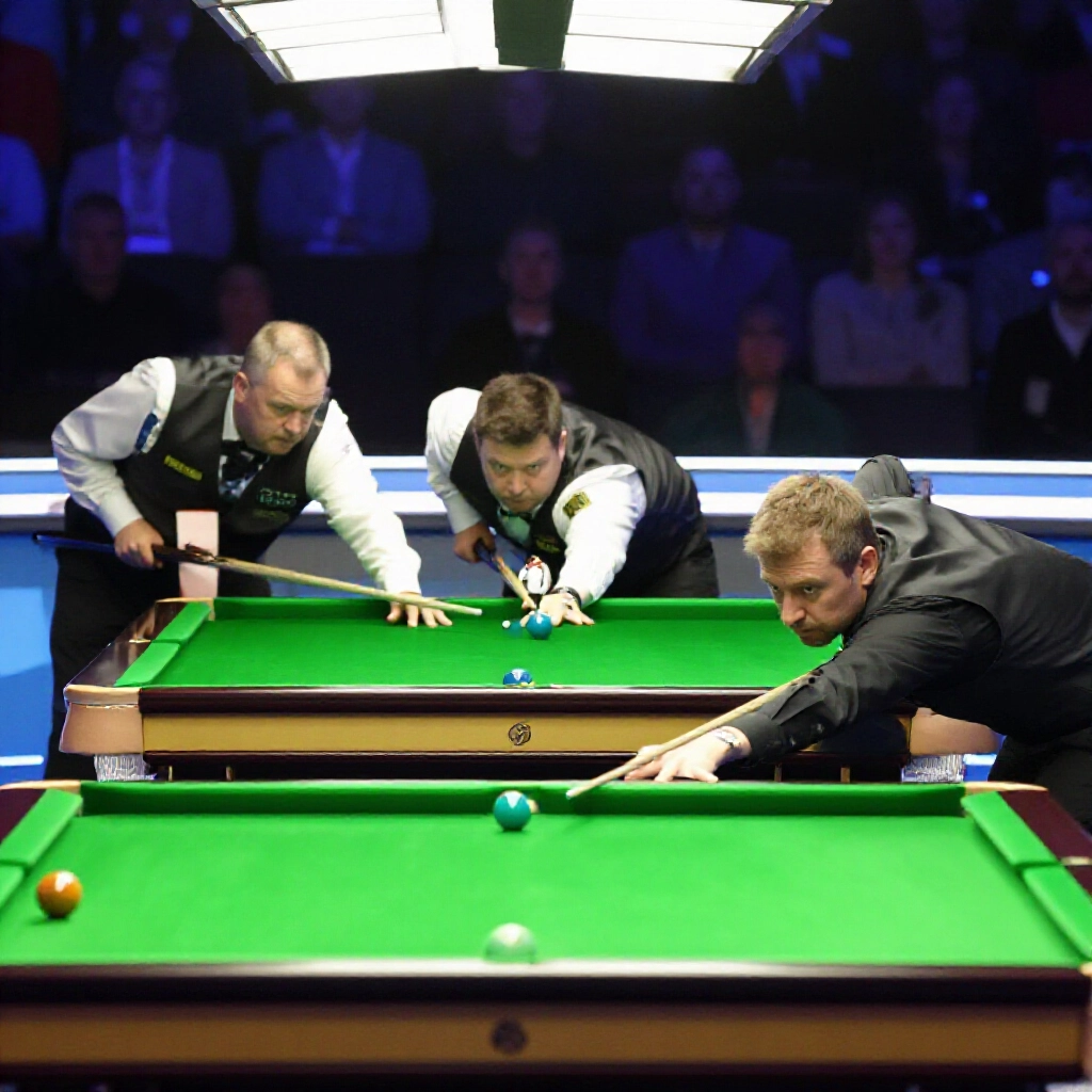 professional snooker players competing on green baize table with precise cue shots colorful balls scattering under arena spotlights tense atmosphere
