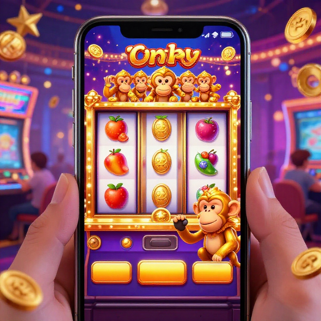 金猴爺老虎機遊戲畫面，旋轉捲軸上滿是水果、金幣跟節慶燈光，熱鬧的社交賭場氛圍