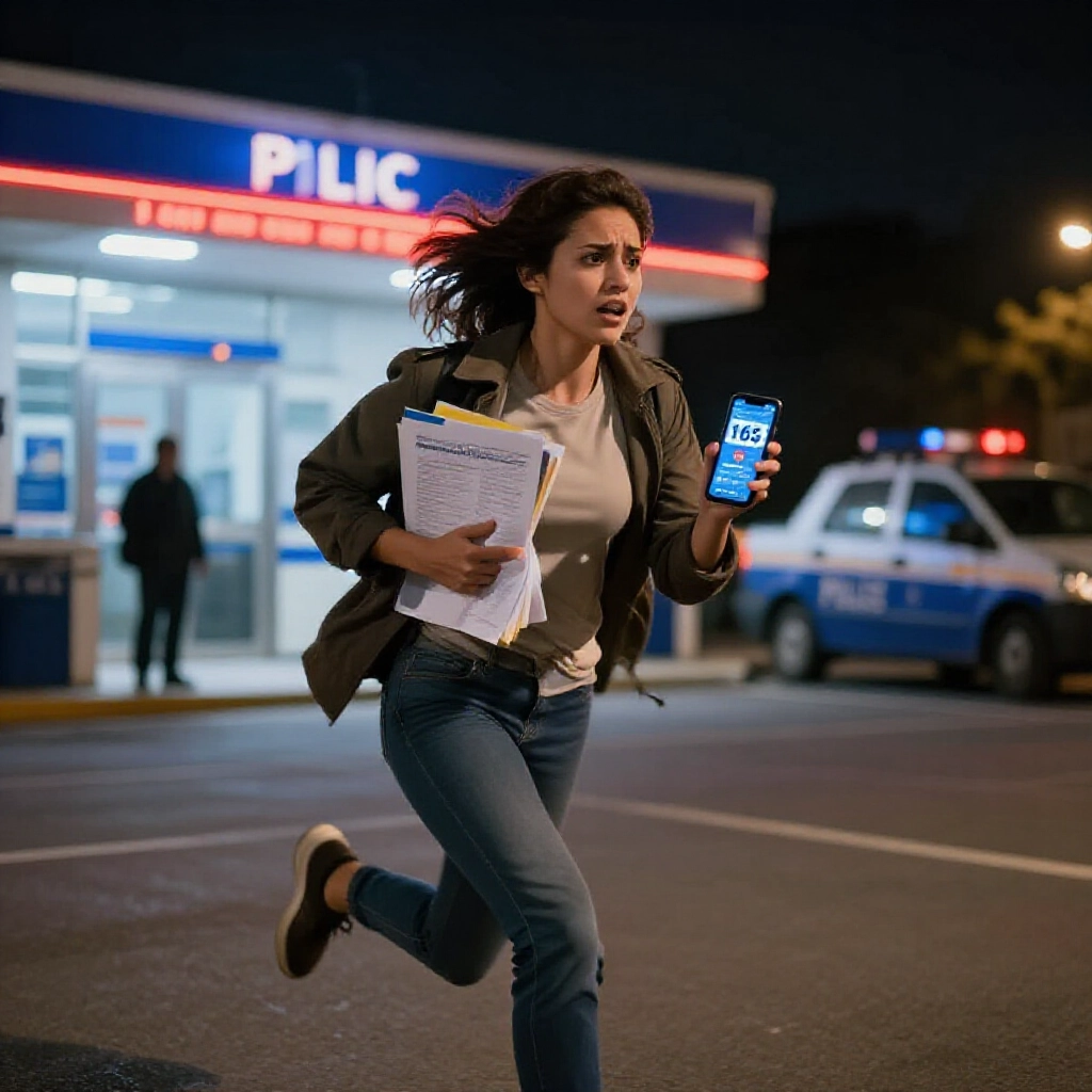 frustrated victim rushing to police station at night clutching documents and phone with 165 hotline display under streetlights emphasizing speed and immediacy