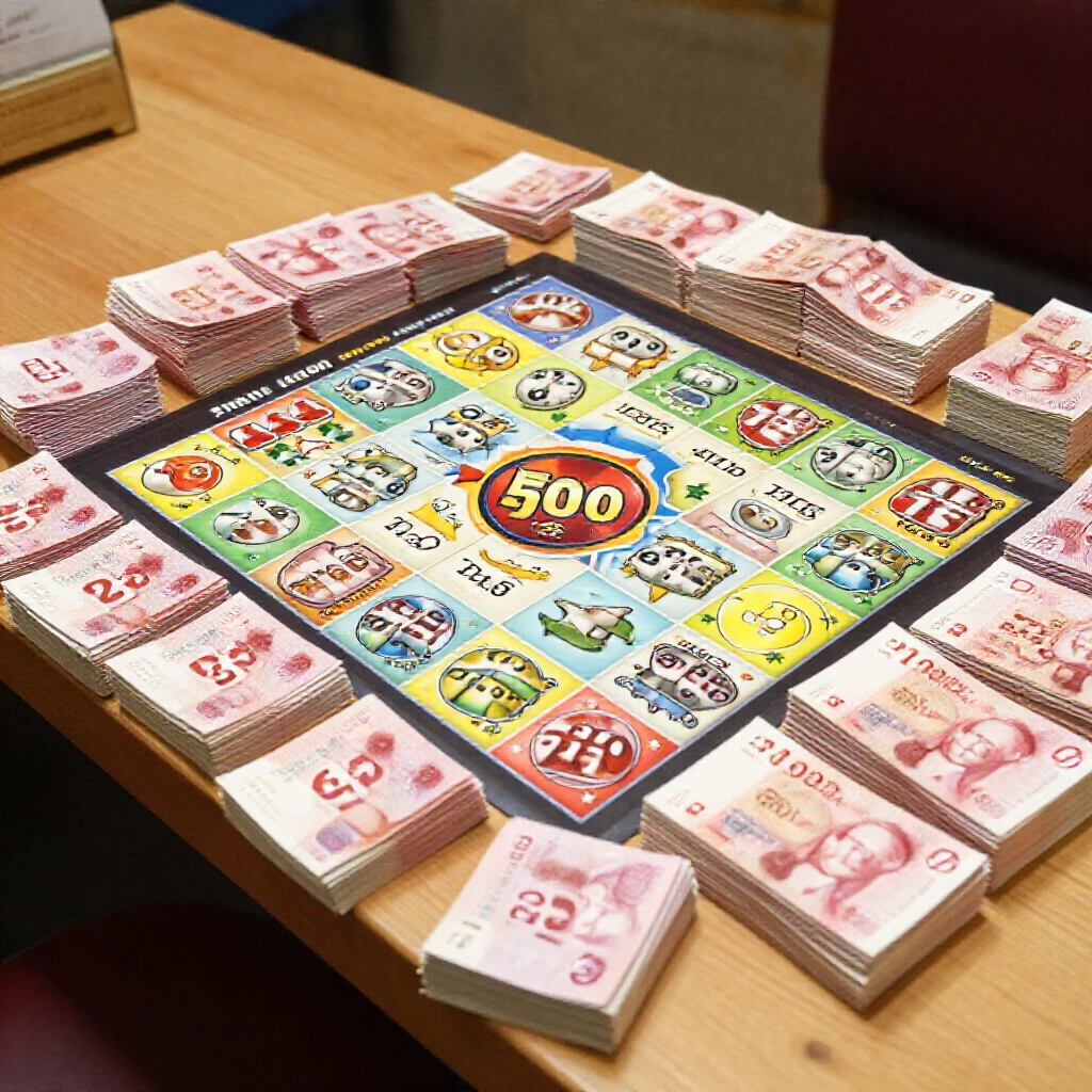 Colorful bingo bingo prize chart displaying fixed rewards for five star play including 500 yuan for four matches surrounded by stacks of 25 yuan tickets on a wooden counter