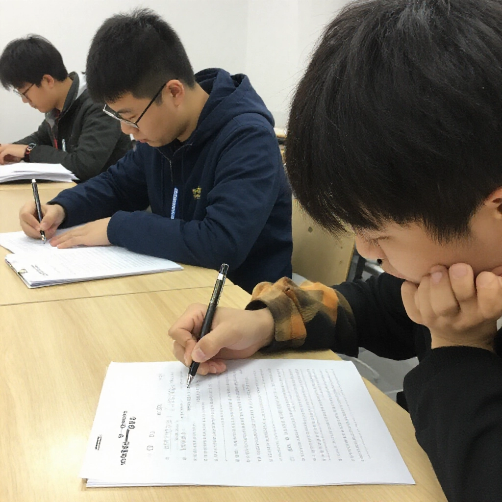 考生專注解答運動規則與賠率公式的選擇題，同時撰寫比賽分析報告，周圍散落筆記本與考場氛圍