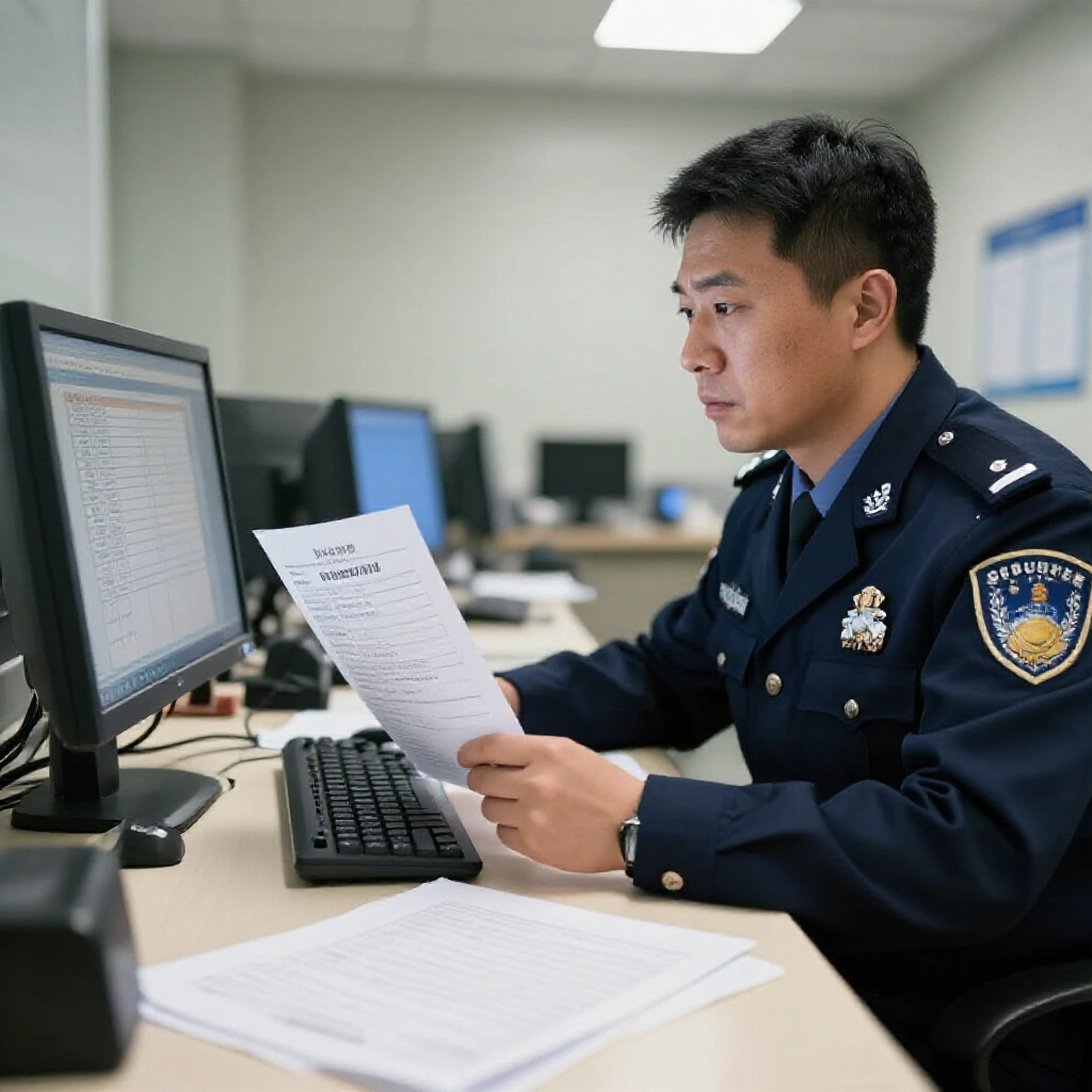 專業人士在燈光明亮的警局偵訊室查看銀行對帳單與金流紀錄，手持警察通知，桌上文件散亂，神情專注準備作證