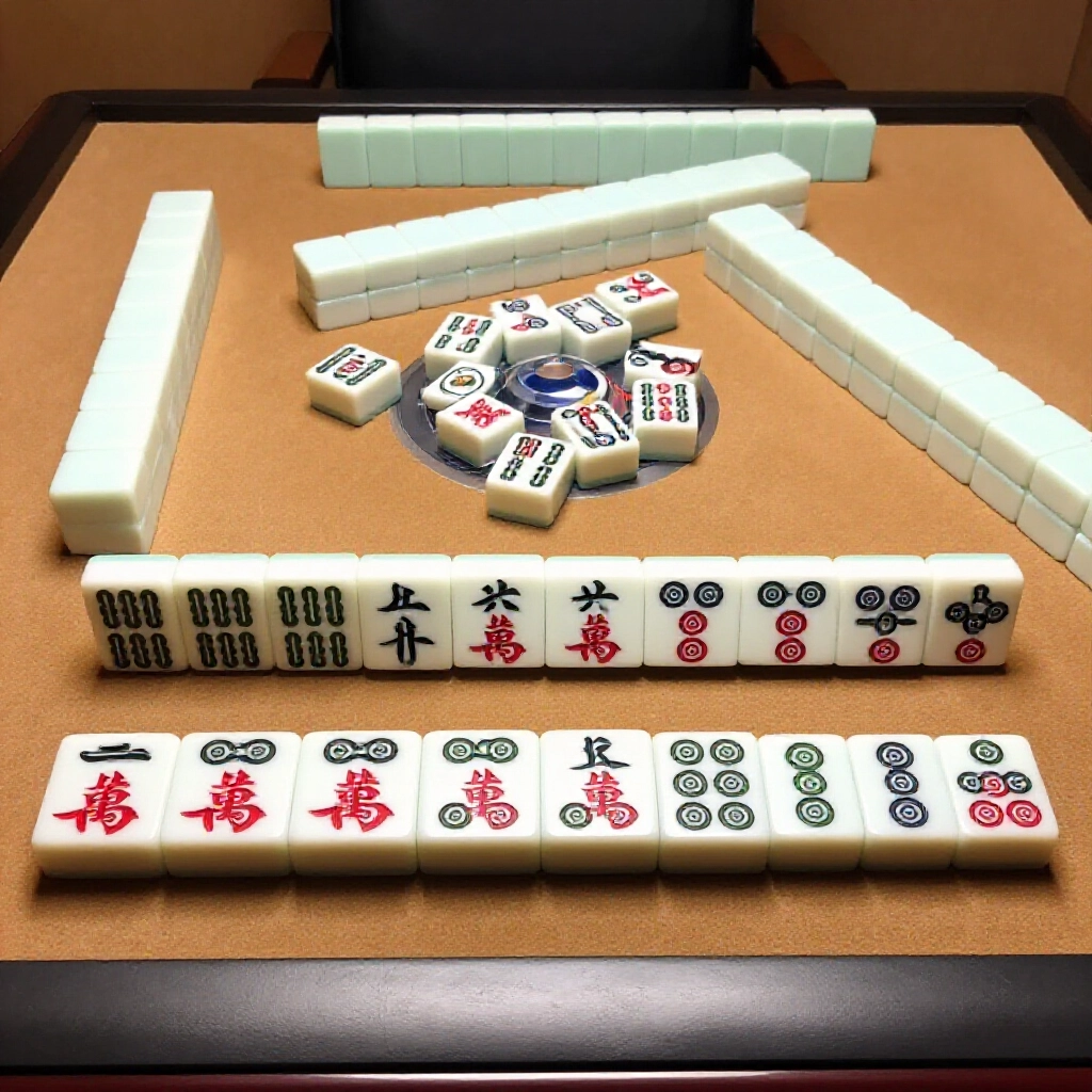 Taiwanese mahjong table with four sets of identical triplets like three east winds three nine dots three two bamboos three five circles and a pair of white boards laid out clearly under warm lamp light showing perfect Peng Peng Hu hand
