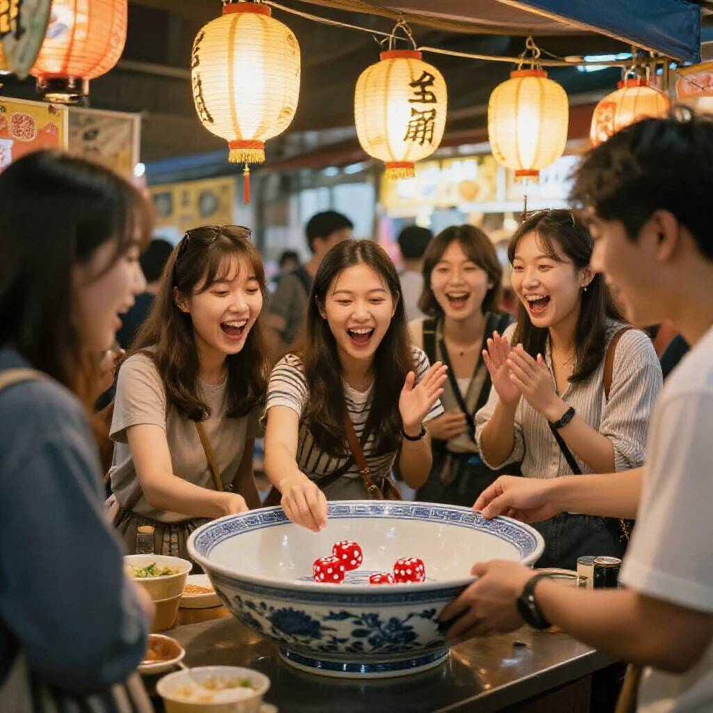 台灣夜市攤位熱鬧圍著大瓷碗搖骰的朋友圈，燈籠暖光下充滿歡樂