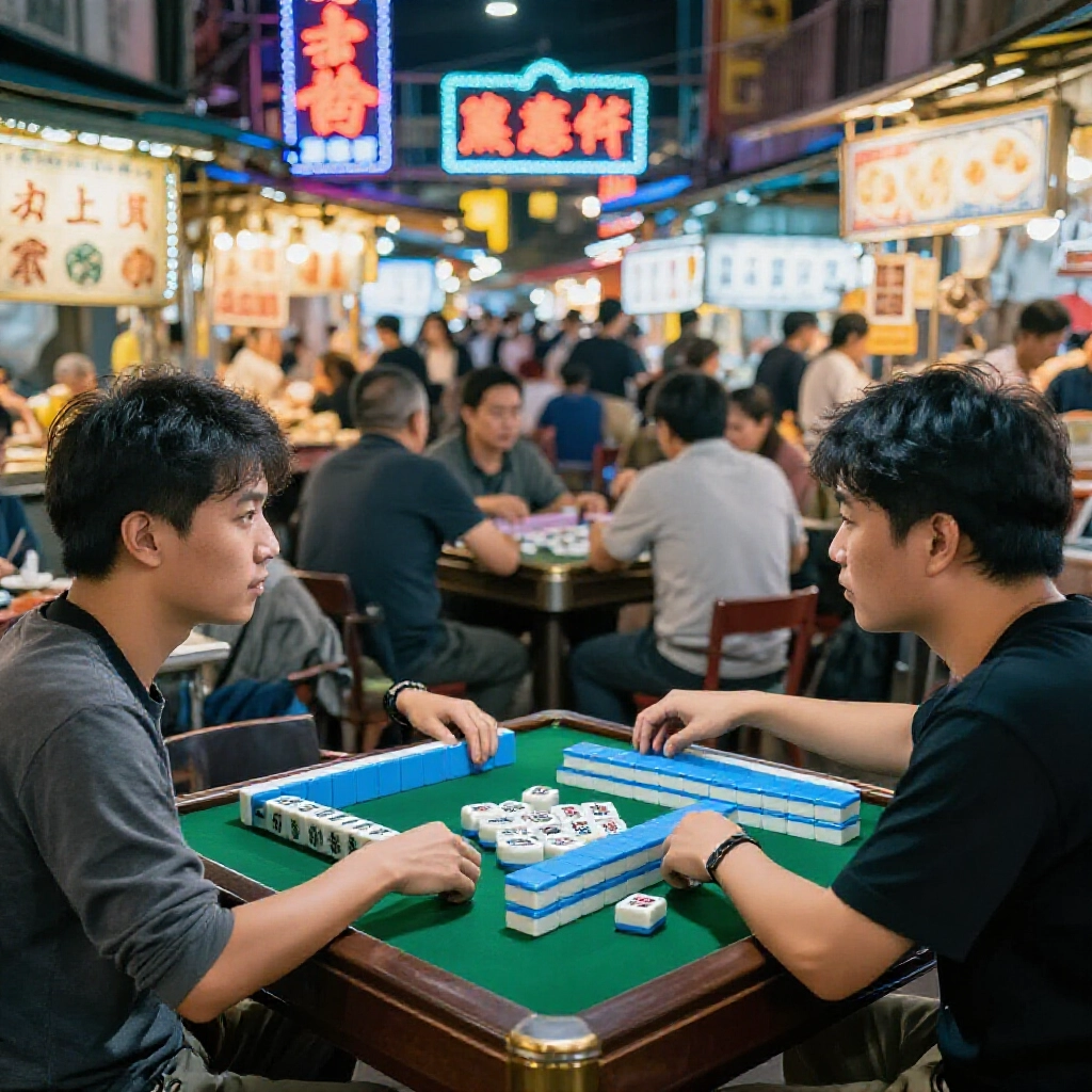 台灣夜市攤位熱鬧景象,兩人對坐玩簡化麻將,桌上筒子與字牌散落,周圍人群興奮圍觀