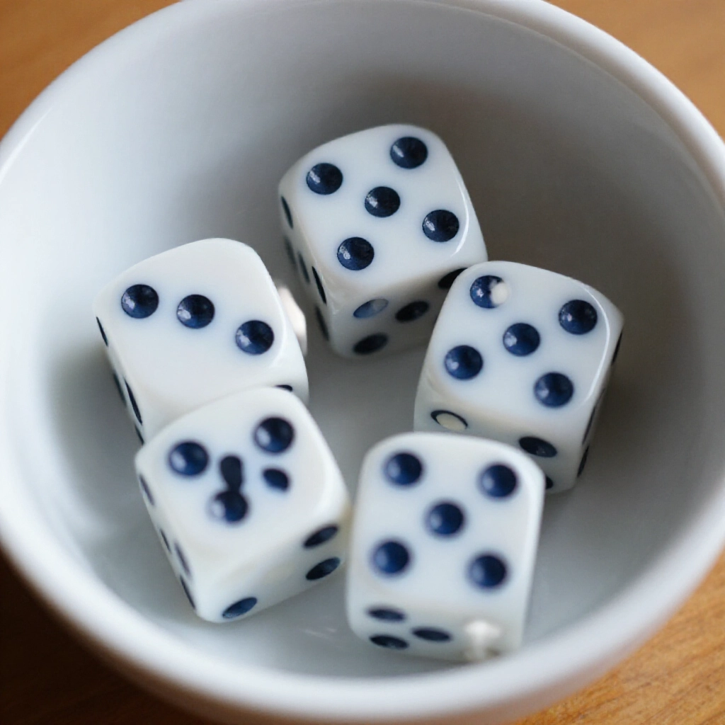 Close-up view of four standard dice inside a deep white bowl showing a pair of threes and five six scattered realistically on wooden table soft natural light highlighting numbers clear focus on scoring pair concept