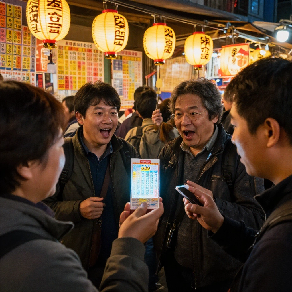 台灣夜市熱鬧場面，玩家圍著發光的539特三尾票，燈籠暖光下數字圖表五彩繽紛