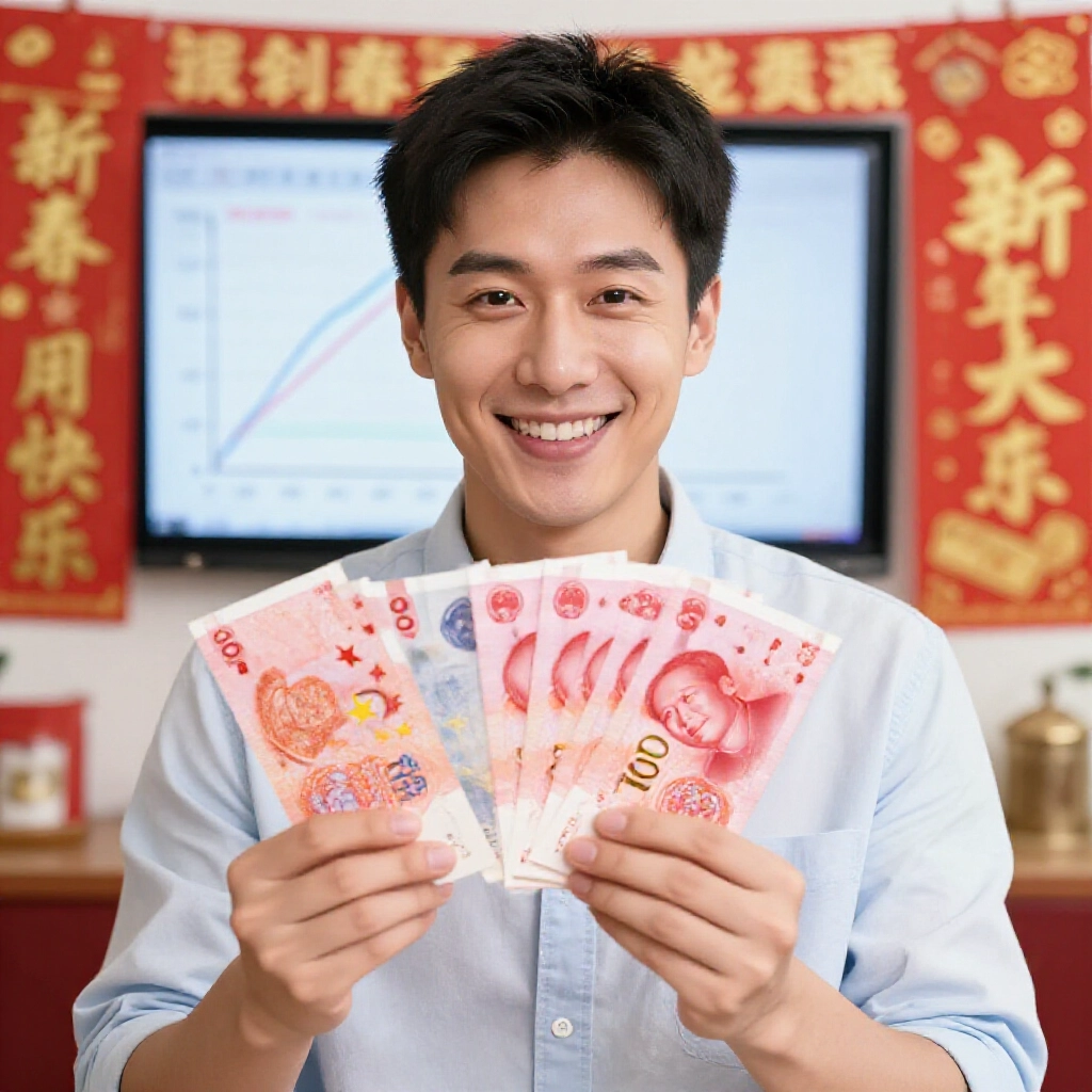 Smiling lottery enthusiast celebrating a small win of 500 yuan cash from four matching stars while background shows probability graphs and festive add-on bonus banners