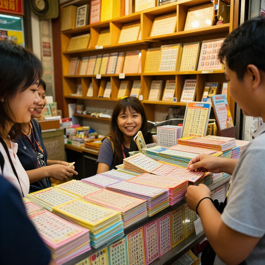台灣彩券店櫃檯堆滿彩色三星彩票,顧客笑著挑號碼溫暖燈光