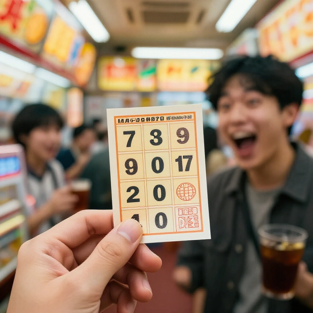 Excited player holding a winning bingo bingo lottery ticket with five selected numbers four of which match the drawn prizes in a bustling Taiwanese betting station bathed in warm neon lights