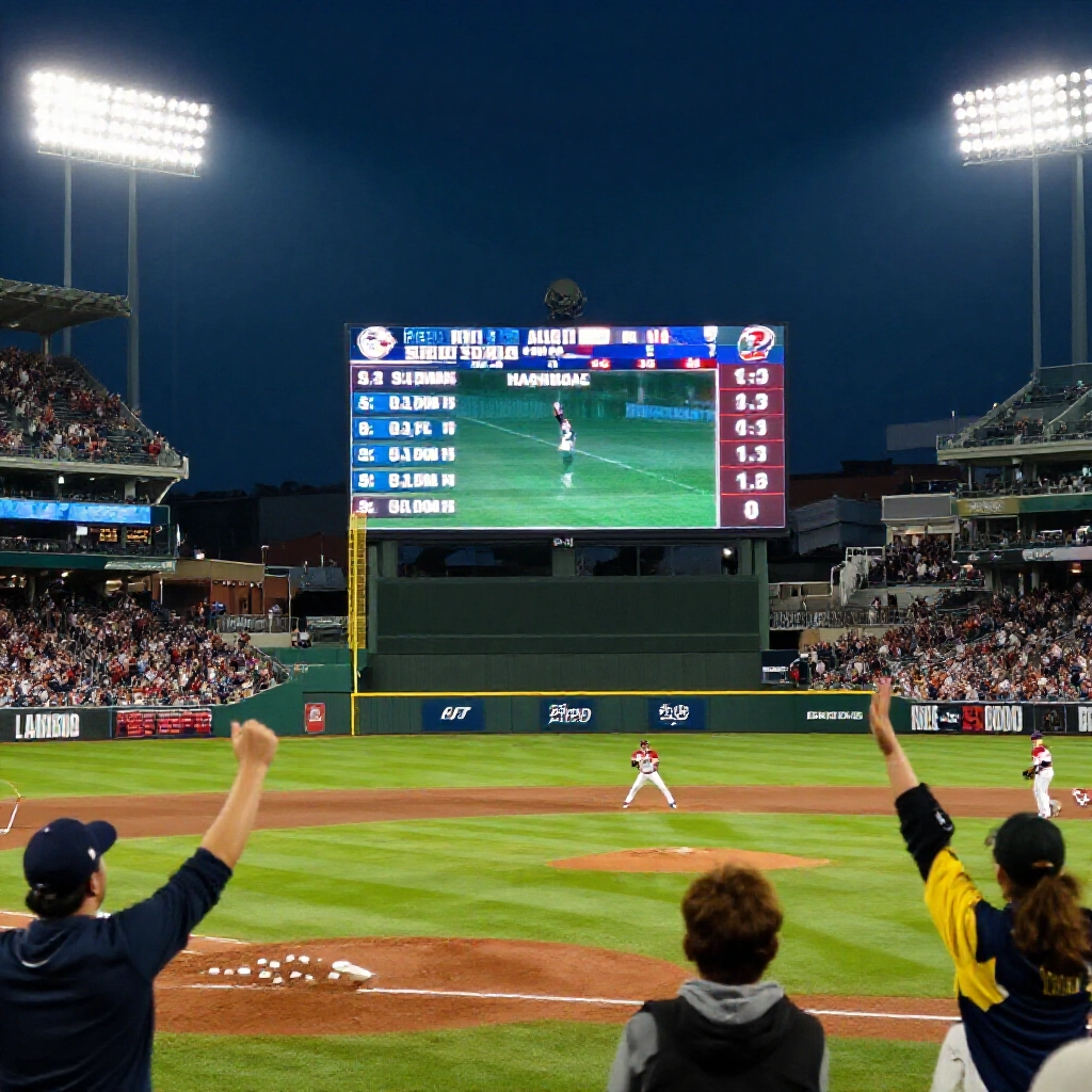 baseball stadium scoreboard showing underdog team with handicap advantage, fans cheering wildly under stadium lights
