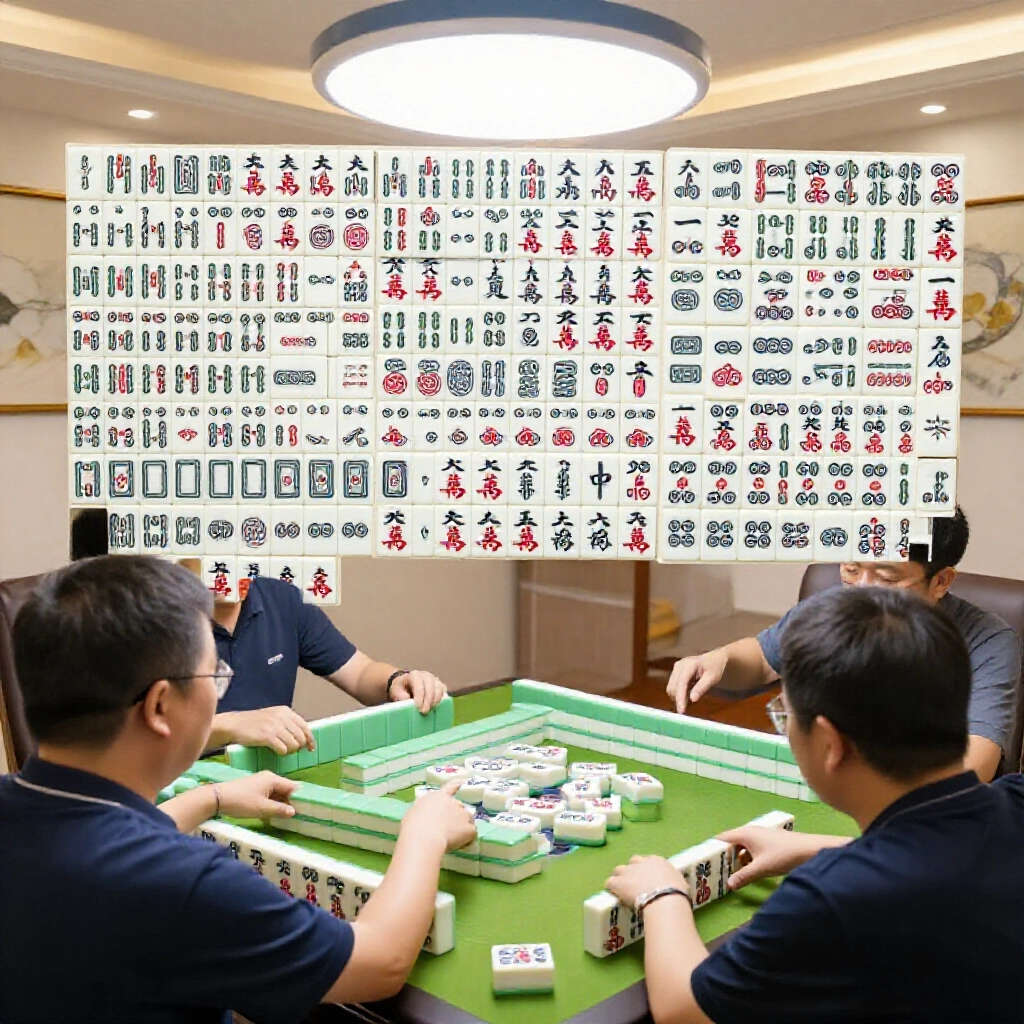 detailed mahjong tile layout displaying various fan types from 1 tai door clear to 16 tai grand four winds in a brightly lit room with players pointing and discussing scores