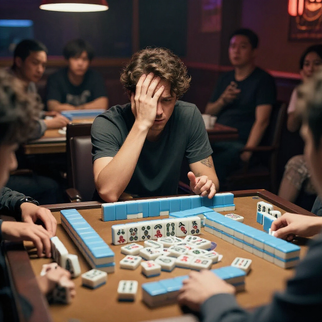 Dramatic mahjong game scene where player hesitates after calling pong with tiles in hand opponents watching intently wooden table scattered cards tense atmosphere dim casino lighting capturing shout-pong-regret moment