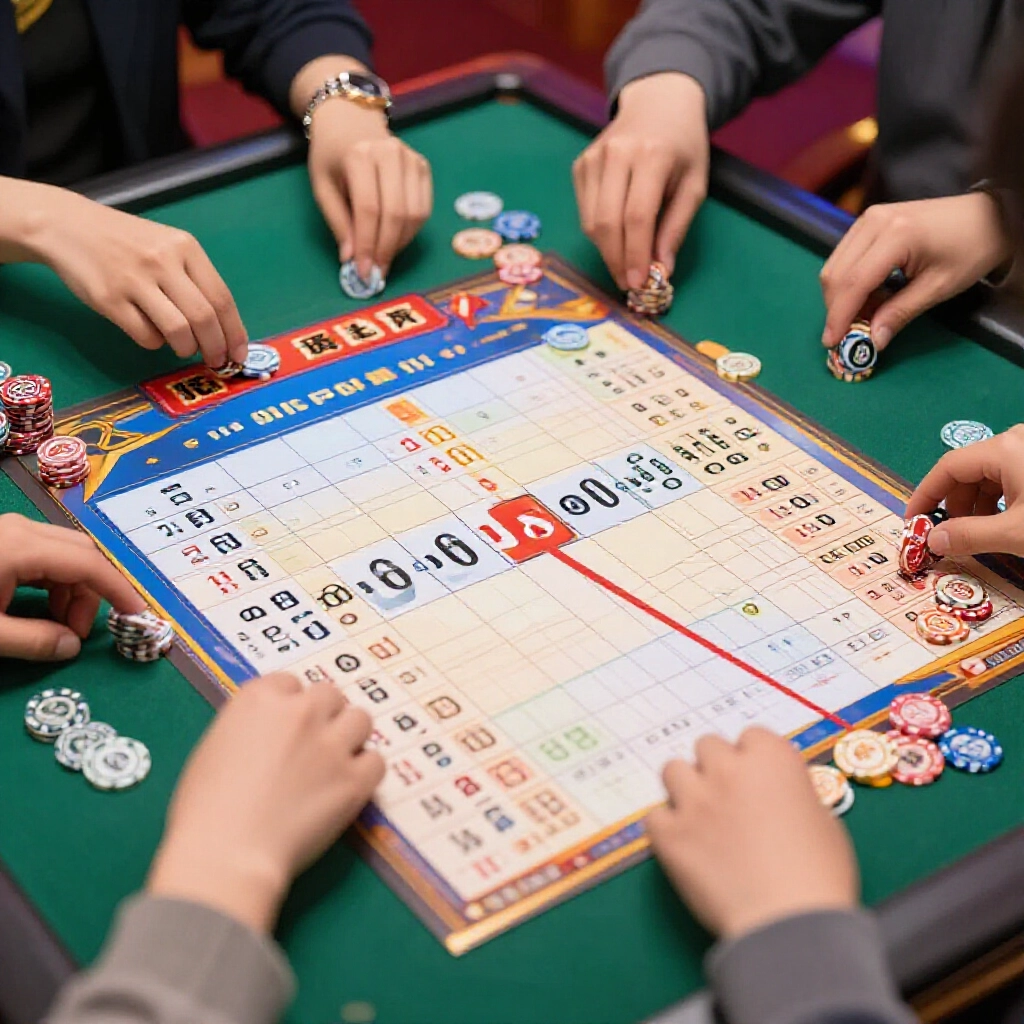 closeup of mahjong scoring chart showing 30 over 10 and 100 over 20 formulas with example calculations chips being counted by excited players around the table vibrant casino like atmosphere