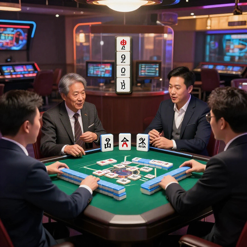 麻將莊家位標記連莊指示,門清自摸計台圖表顯示莊家加成,群聚討論氣氛燈光昏黃如赌场