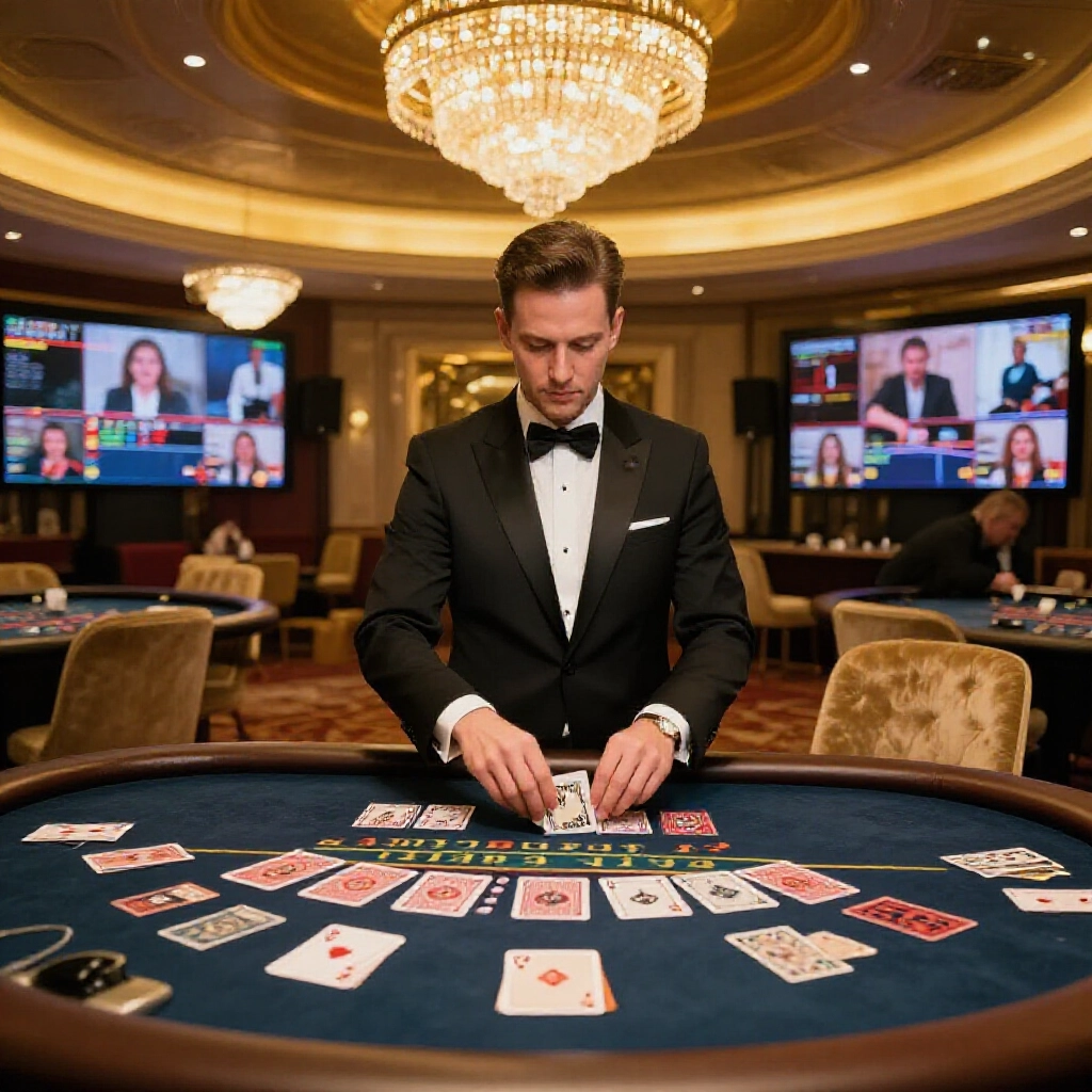 A professional live dealer in elegant attire shuffling cards at a luxurious baccarat table with crystal chandeliers and velvet seating under warm golden lighting streaming real-time to multiple player screens in a modern casino atmosphere