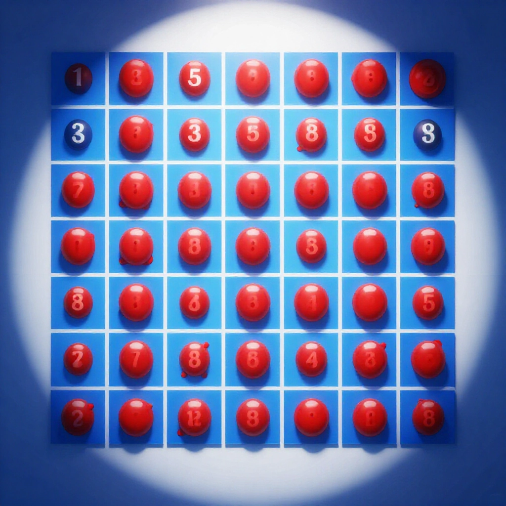 vibrant grid chart displaying numbers one to eighty with twenty bingo balls marked in bright red for hot zones and cool blue for cold areas under soft spotlight illumination