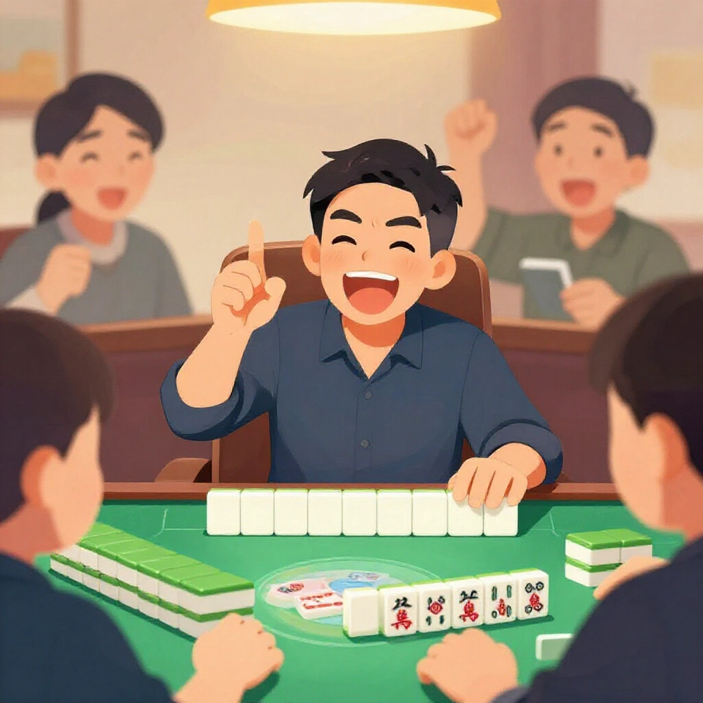 台灣麻將玩家興奮從牌牆摸出贏牌，純門清手牌桌上無明牌，綠氈桌軟燈光，周圍玩家激動表情