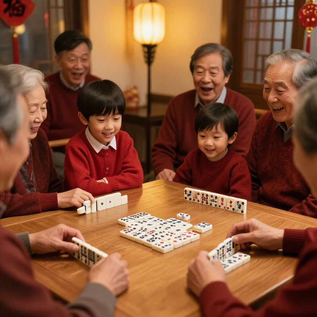 Taiwanese family reunion during Lunar New Year with elders shuffling 32 Heilizai domino tiles on wooden table warm lantern glow excited faces traditional atmosphere