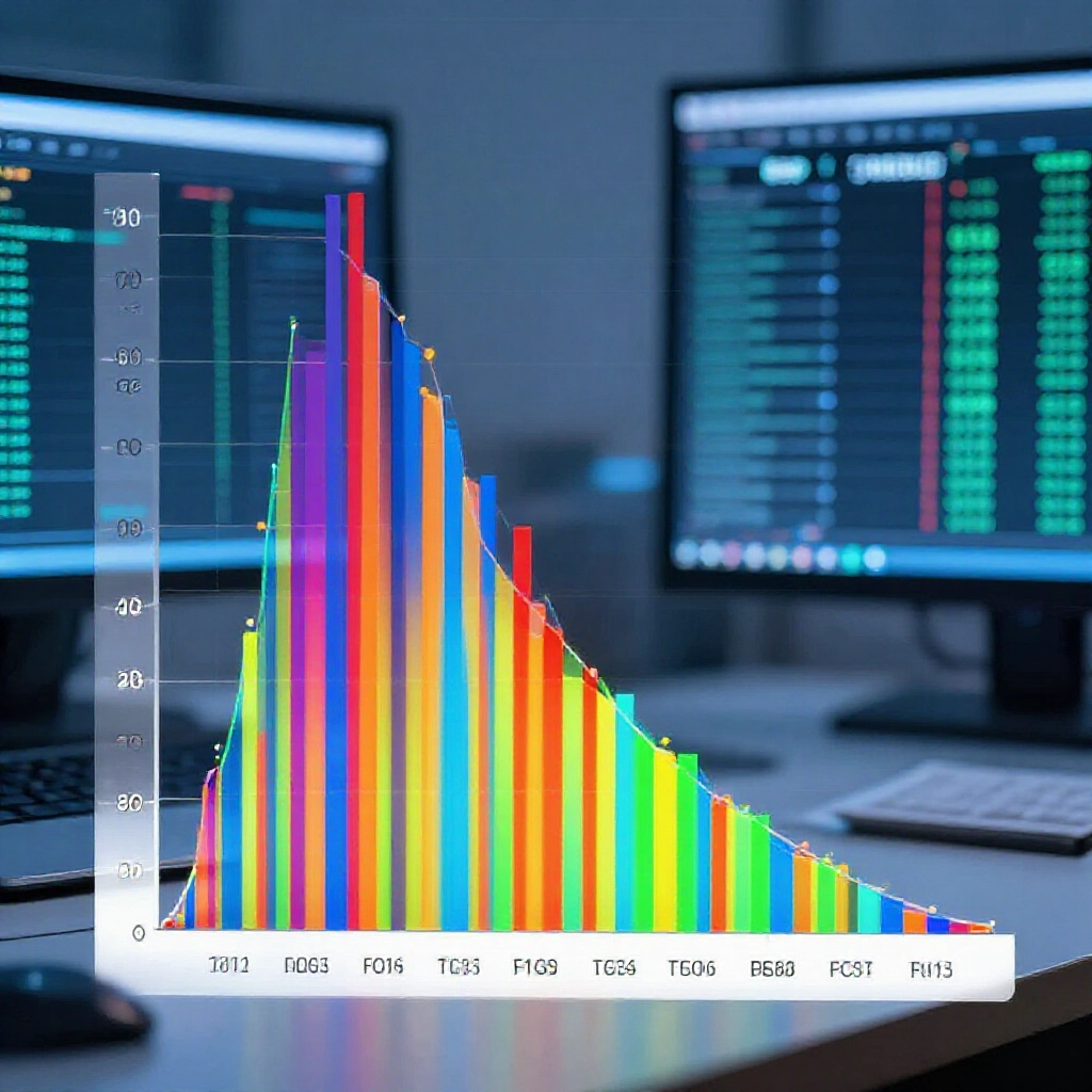Statistical graph showing clustering effects in lottery draws with colorful bars representing probability deviations and historical sequences in a professional data science workspace under soft blue lighting