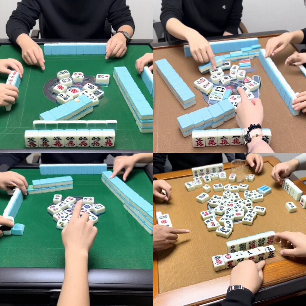 門清自摸3台對比不求人2台，兩手牌並排展示，木桌散亂牌，玩家指點討論