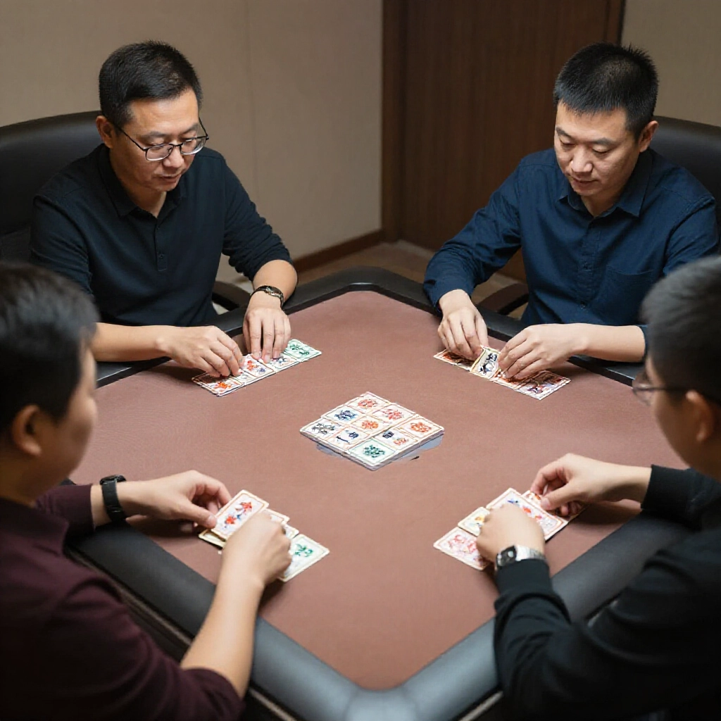 Group of four players around a table with dealer distributing slim rectangular zodiac cards clockwise starting with eleven cards to庄家 and ten to others under focused indoor lighting