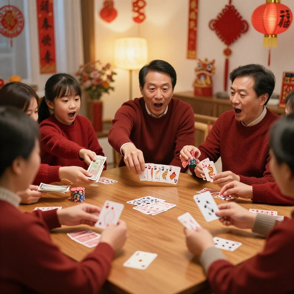 過年家庭牌局木桌上玩家秀出一條龍，眾人震驚傳錢紅飾燈光溫馨